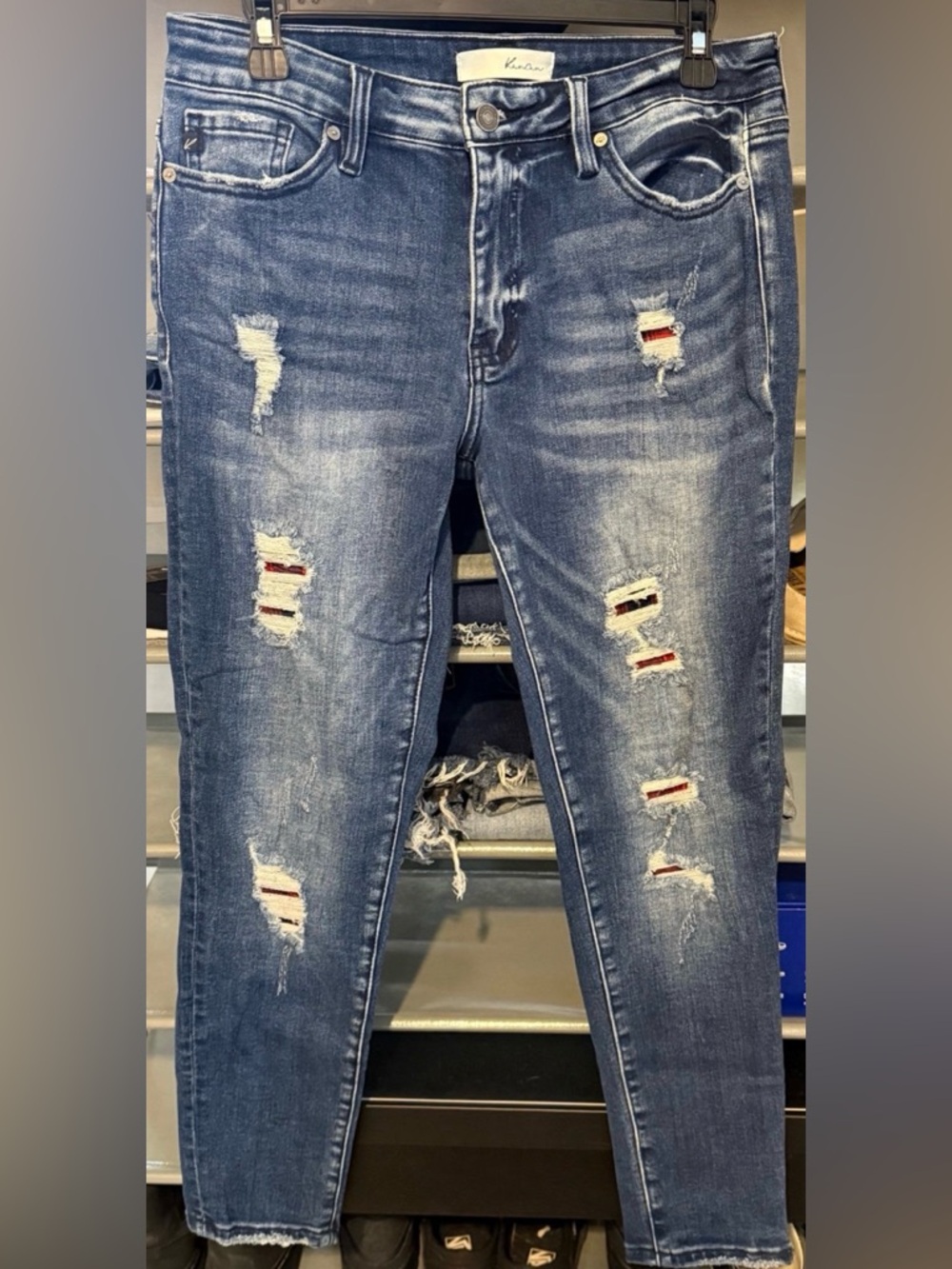 KanCan Distressed Dark Blue Ripped Skinny Jeans with Red Patch Details